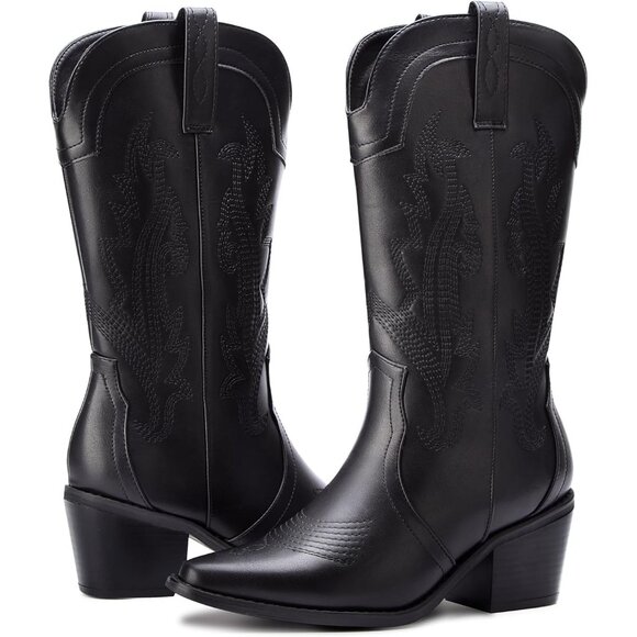 Women's Black Embroidered Pointed Toe Mid Calf Chunky Block Western Heel Boots - Picture 5 of 7